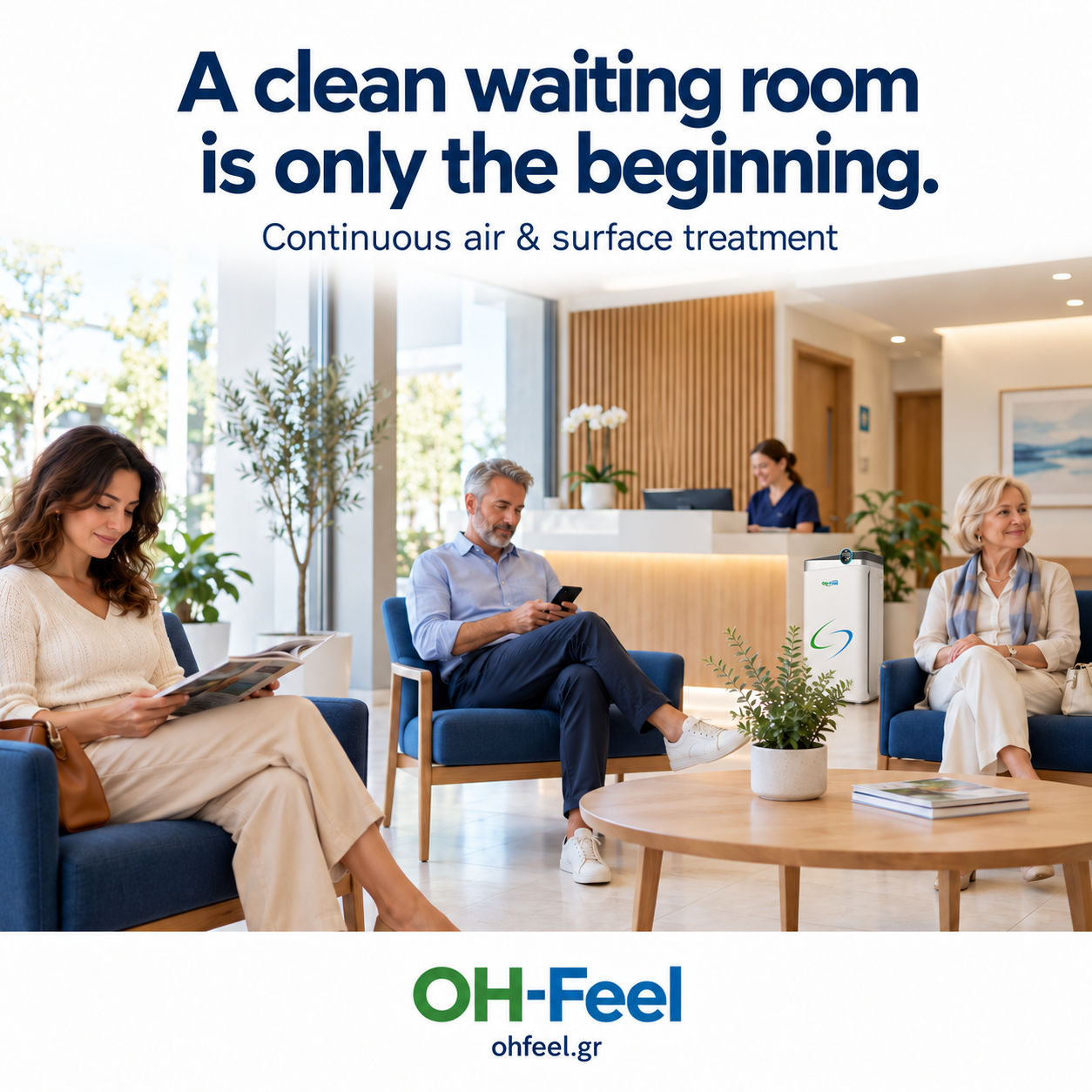 OH-Feel 500CD04 air and surface treatment system beside reception in a medical waiting room with seated patients